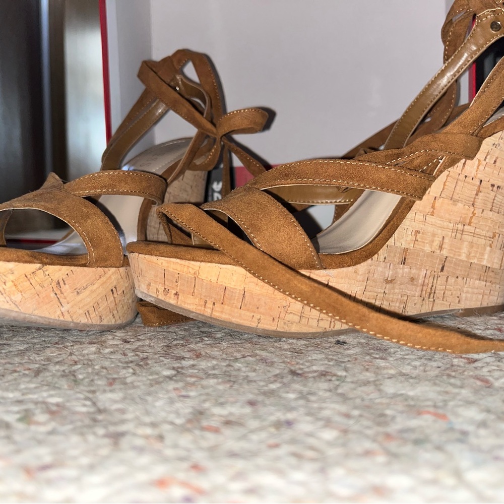 Tan Strappy Women's Wedges - Picture 2 of 7